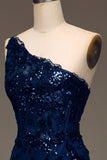 Sparkly Dark Navy Tiered Lace One Shoulder Long Ball Dress with Slit