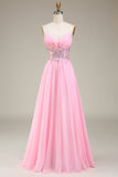 Pink Corset Spaghetti Straps A-Line Ball Dress with Pleated