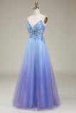 Sparkly Blue A-Line Long Tulle Ball Dress with Appliques