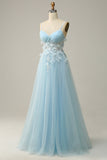 A Line Spaghetti Straps Sky Blue Ball Dress with Appliques