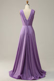 A Line Deep V Neck Purple Sleeveless Long Ball Dress
