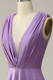 A Line Deep V Neck Purple Sleeveless Long Ball Dress