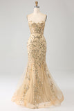 Mermaid Champagne Sweetheart Sparkly Corset Long Ball Dress