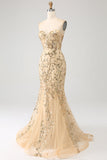 Mermaid Champagne Sweetheart Sparkly Corset Long Ball Dress