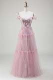 Pink A-Line Off the Shoulder Tulle Long Ball Dress with Appliques