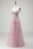 Pink A-Line Off the Shoulder Tulle Long Ball Dress with Appliques