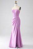 Strapless Purple Mermaid Corset Pleated Ball Dress with Pleated