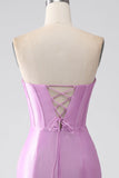 Strapless Purple Mermaid Corset Pleated Ball Dress with Pleated