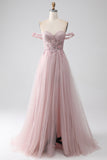 Blush A Line Off the Shoulder Beaded Long Ball Dress with Slit