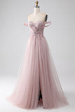 Blush A Line Off the Shoulder Beaded Long Ball Dress with Slit
