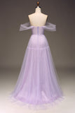 Lilac Off the Shoulder A Line Tulle Princess Ball Dress With Slit