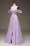 Lilac Off the Shoulder A Line Tulle Princess Ball Dress With Slit