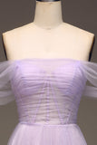 Lilac Off the Shoulder A Line Tulle Princess Ball Dress With Slit