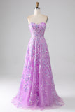 Purple A-Line Sweetheart Strapless Corset Ball Dress with Appliques