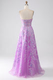 Purple A-Line Sweetheart Strapless Corset Ball Dress with Appliques