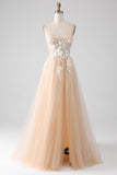 Champagne A-Line Strapless Corset Ball Dress with Appliques