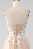 Champagne A-Line Strapless Corset Ball Dress with Appliques