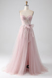 Sparkly A Line Sweetheart Strapless Tulle Ball Dress with Bow