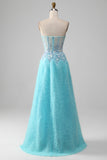 Sky Blue A Line Sweetheart Corset Ball Dress with Sequins