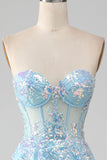 Sky Blue A Line Sweetheart Corset Ball Dress with Sequins