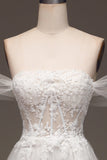 White Off the Shoulder A Line Corset Ball Dress with Appliques