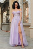 Gorgeous A Line Off the Shoulder Purple Corset Ball Dress with Appliques