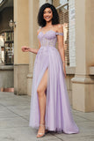 Gorgeous A Line Off the Shoulder Purple Corset Ball Dress with Appliques