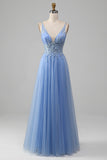 Light Blue A-Line V Neck Tulle Ball Dress With Appliques