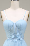 Sparkly Light Blue A-Line Tulle Ball Dress With Appliques