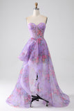 Purple A-Line Sweetheart Printed Strapless Corset Ball Dress