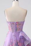 Purple A-Line Sweetheart Printed Strapless Corset Ball Dress