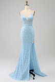 Glitter Sky Blue Spaghetti Straps Sequins Mermaid Ball Dress with Slit