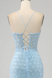 Glitter Sky Blue Spaghetti Straps Sequins Mermaid Ball Dress with Slit