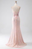 Glitter Pink Spaghetti Straps Sequins Beaded Mermaid Ball Dress with Slit