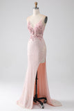 Glitter Pink Spaghetti Straps Sequins Beaded Mermaid Ball Dress with Slit