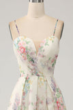 Ivory A-Line Spaghetti Straps Flower Printed Ball Dress with Slit