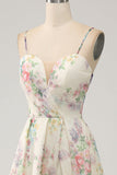 Ivory A-Line Spaghetti Straps Flower Printed Ball Dress with Slit