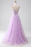 Lavender A-Line Sweetheart Printed Strapless Corset Ball Dress with Beading