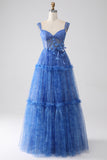 Blue A Line Off The Shoulder Printed Tulle Corset Ball Dress