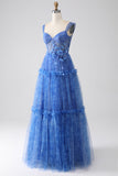 Blue A Line Off The Shoulder Printed Tulle Corset Ball Dress