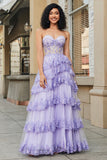 Princess A Line Sweetheart Lavender Corset Ball Dress with Tiered Lace