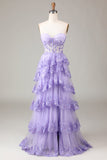 Lavender Strapless Tiered Tulle Corset Ball Dress with Appliques