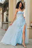 Charming A Line Sweetheart Blue Corset Ball Dress with Beading Slit