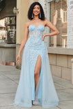 Charming A Line Sweetheart Blue Corset Ball Dress with Beading Slit