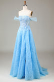 Blue A Line Princess Off the Shoulder Corset Ball Dress with Slit