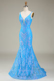 Sparkly Blue Mermaid Deep V-Neck Long Ball Dress
