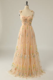 Popular Champagne Floral Embroidery Formal Long Dress