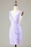 Lavender Sparkly Tight Short Ball Dress with Backless