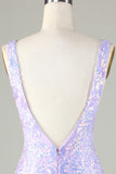 Lavender Sparkly Tight Short Ball Dress with Backless