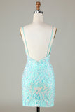 Sparkly Tight Spaghetti Straps Green Short Ball Dress with Backless